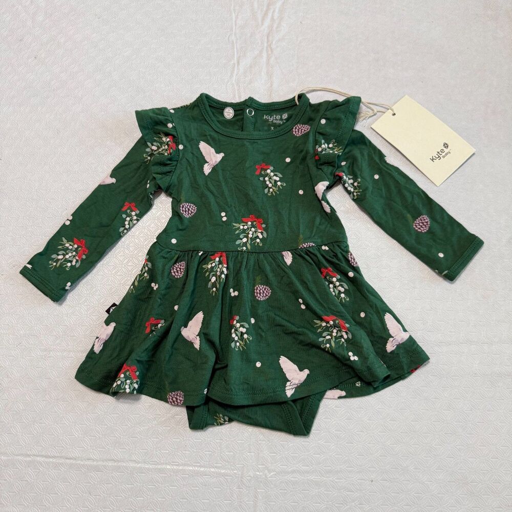 Kyte Baby Long Sleeve Dress Mistletoe Forest Green Girls 3-6M NWT